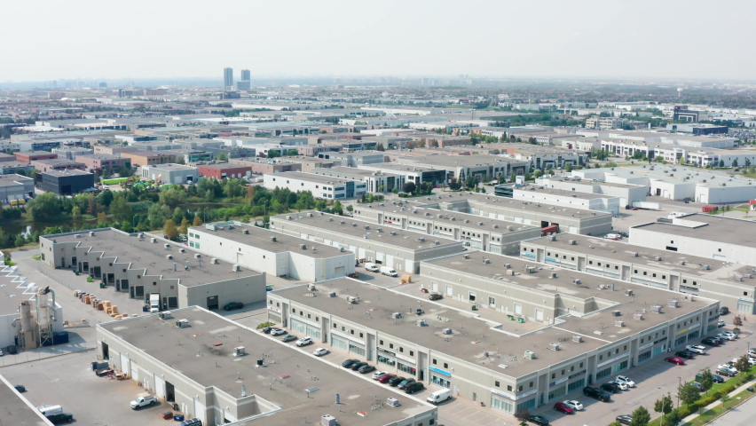 Aerial Drone of Vaughan, Ontario Canada Industrial Area. Commercial Spaces Lined Up of Businesses