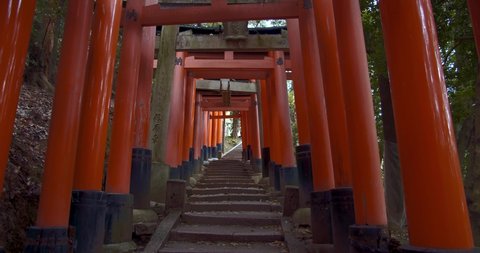 Kyoto, JAPAN - Apr 2, 2021: Handheld shot of the Senbon Torii (thousands of vermilion torii gates) of Fushimi Inari-Taisha. The trails lead into the forest of the sacred mt.  