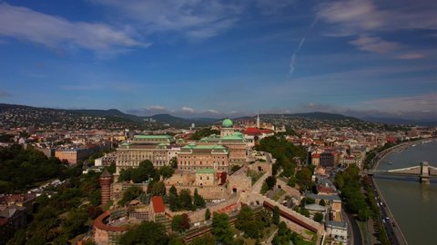 Aerial view of theBudapest city panorama, Buda Castle, Danube river, bridges and Buda Castle
