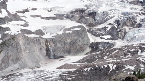 Cinematic 4K footage of melting snow, waterfalls, glaciers seen from the Alta Vista Trail of the Paradise area on Mount Rainier in Mount Rainier National Park in Washington