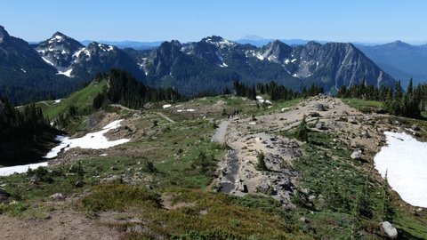 Cinematic 4K clip of panoramic views of the alpine meadow, glaciers and flowering slopes of the Alta Vista Trail of the Paradise area on Mount Rainier in Mount Rainier National Park in Washington