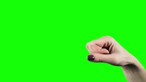 Caucasian female hand opens palm on green screen. Dark varnish on palm nails on a green background. Finger gestures isolated with neat manicure on color key