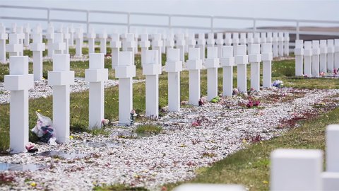 Darwin, Falklands (Malvinas) - March 2021: The Argentine Military Cemetery at Darwin, East Falkland, Falkland Islands (Islas Malvinas), South Atlantic. 4K Resolution.