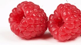 Raspberry in a row on white. Extrem close-up. Side view. 4K UHD video footage 3840X2160.