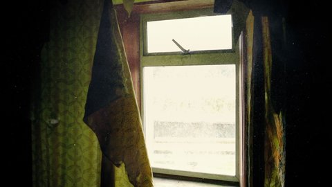 Window And Curtains In Run-Down Old House
