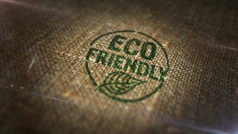 Eco friendly sign stamp on natural linen sack. Ecology, organic coffee or cocoa production, natural, life style and healthy diet 3D rendered design abstract concept. Looped and seamless animation.