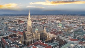 Vienna skyline aerial fly over St. Stephen's Cathedral is the mother church of the Roman Catholic Archdiocese of Vienna austria, drone video in 4k.