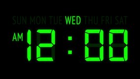 Loopable: Green LED digital clock displays the current time at Wednesday in 12-hours AM-PM format updating 1 minute per frame. Animated digits on black background.