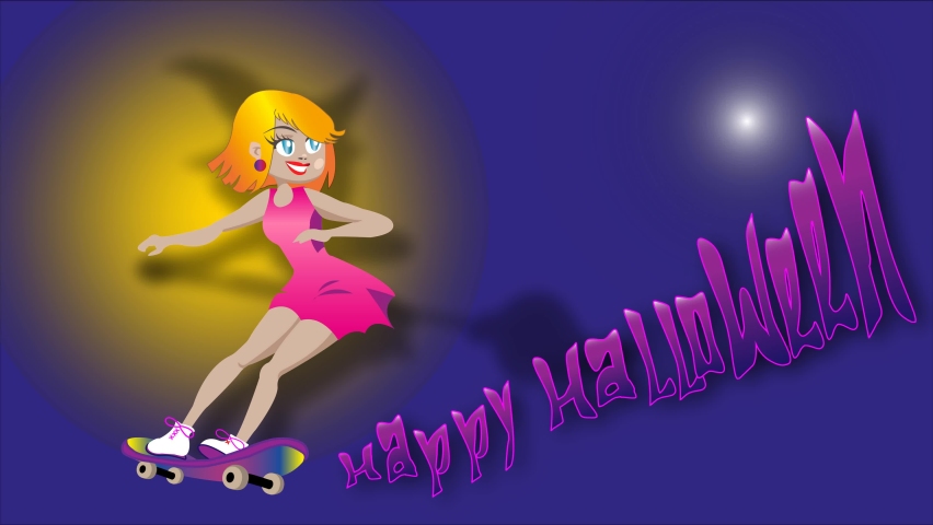 Video greeting card Happy Halloween witch on skateboard and broomstick with text