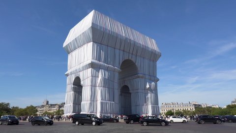 Paris, France - 2021 09 22: Static Shot of the Arc de Triomphe wrapped by Christo
