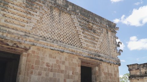 UXMAL, YUCATAN, MEXICO - MAY 2021: Wall decoration at ruins in Uxmal, an ancient Mayan city in Mexico