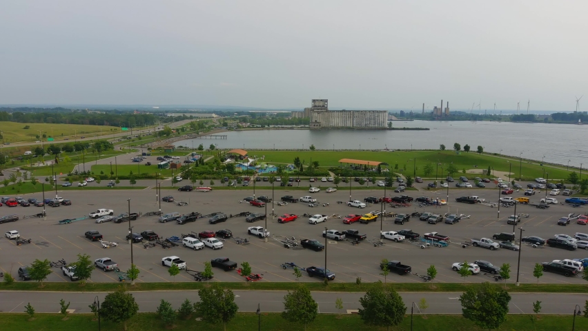 This video shows scenic aerial views of Erie Basin Marina in downtown Buffalo.  
