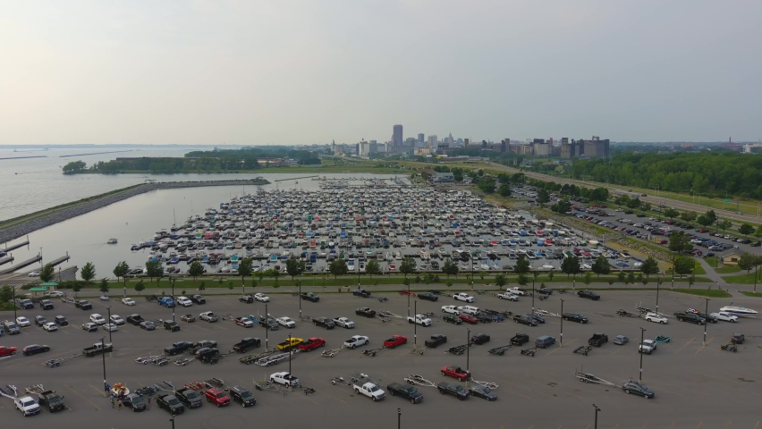 This video shows scenic aerial views of Erie Basin Marina in downtown Buffalo.  