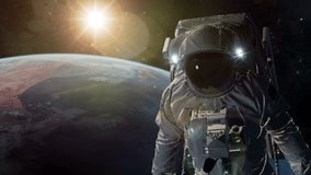 3D Hopeless Astronaut In Space With Planet Earth and Bright Sun 4k. The elements of this video furnished by NASA. 