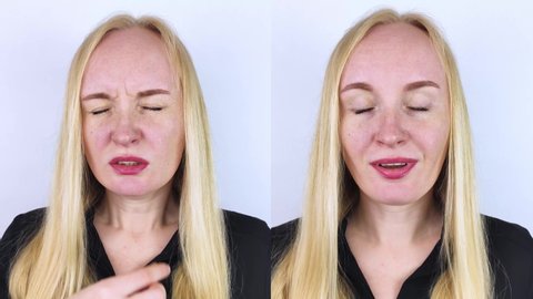 Before and after. On the left, the woman indicates nose pain, and on the right, indicates that nose no longer hurts. Professional medical care assistance concept. Treatment of allergies and nosebleeds