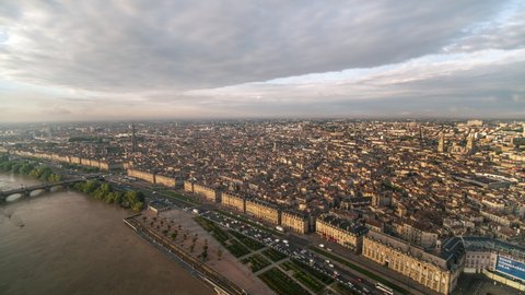 Establishing Aerial View Shot of Bordeaux Fr, world capital of wine, Nouvelle-Aquitaine, France, old town, waterfront
