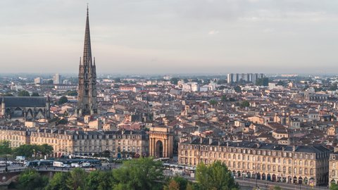 Establishing Aerial View Shot of Bordeaux Fr, world capital of wine, Nouvelle-Aquitaine, France, Basilica of St. Michael