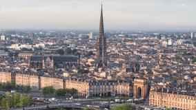 Establishing Aerial View Shot of Bordeaux Fr, world capital of wine, Nouvelle-Aquitaine, France, 
Basilica of St. Michael