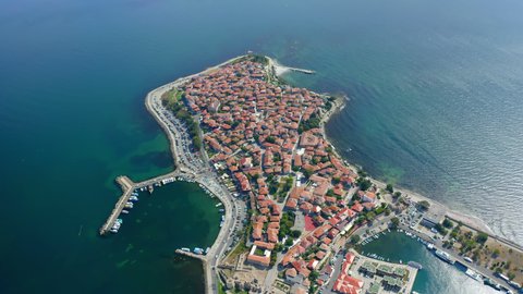 Aerial drone view to the old town of Nessebar, Bulgarian Black Sea coast. 4k