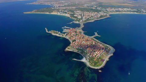 Aerial drone view to the old town of Nessebar, Bulgarian Black Sea coast. 4k