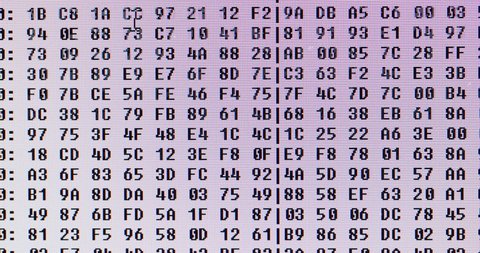 Computer code hexadecimal format scrolling randomly on the screen, visible LCD pixels, hexa values