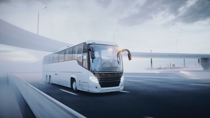 3d model touristic passenger bus on highway. Very fast driving. Tourism concept. Realistic 4k animation. Royalty-Free Stock Footage #1079588045