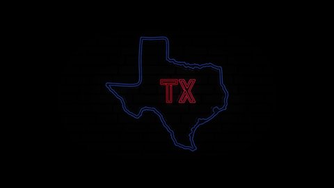 Glowing neon line Texas state lettering isolated on black background. USA. Animated map showing the state of Texas from the united state of america