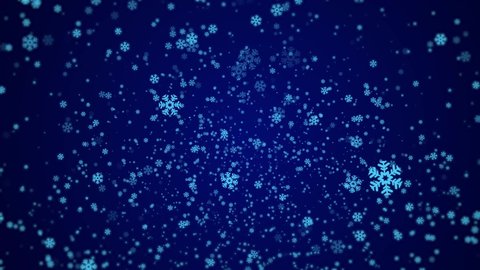 Many blue snowflakes falling down on a dark blue background
