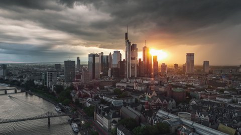 Thunders Rain and Sun, Epic Sunset, Establishing Aerial View Shot of Frankfurt am Main De, financial capital of Europe, Hesse, Germany