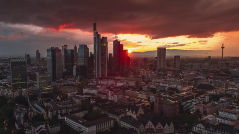 Stormy Sunset, Unforgetable View, Establishing Aerial View Shot of Frankfurt am Main De, financial capital of Europe, Hesse, Germany
