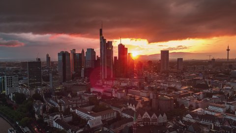 Thunder and tracking in, Establishing Aerial View Shot of Frankfurt am Main De, financial capital of Europe, Hesse, Germany