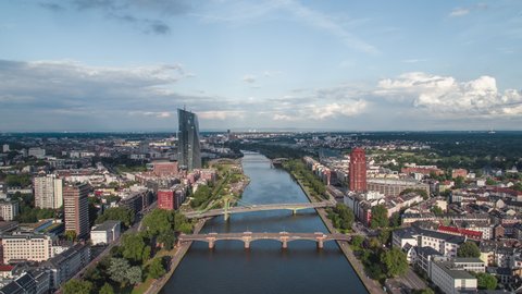 Establishing Aerial View Shot of Frankfurt am Main De, financial capital of Europe, Hesse, Germany, bridges and River Main, day