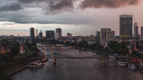 Stormy City, River Main and Bridges, Establishing Aerial View Shot of Frankfurt am Main De, financial capital of Europe, Hesse, Germany