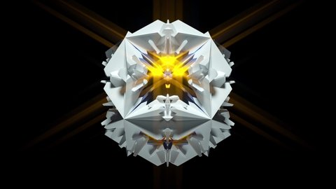 3d render video of abstract art with surreal mystical star alien fractal detail based on square cubical shape in white ceramic with metallic core on isolated black background with bloom glare effect
