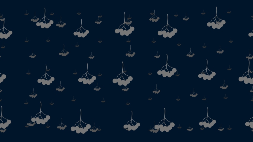 Rowan berrys float horizontally from left to right. Parallax fly effect. Floating symbols are located randomly. Seamless looped 4k animation on dark blue background