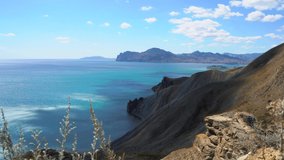 4k video. Amazing landscape with a view of Cape Chameleon in the Crimea, Koktebel.