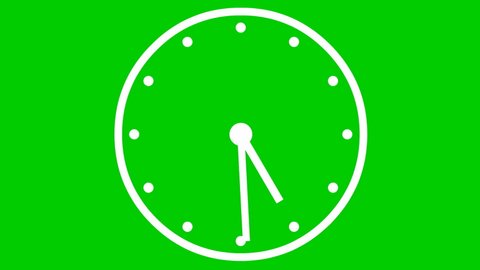 Animated clock. White watch. Concept of time, deadline. Looped video. Vector illustration isolated on green background.