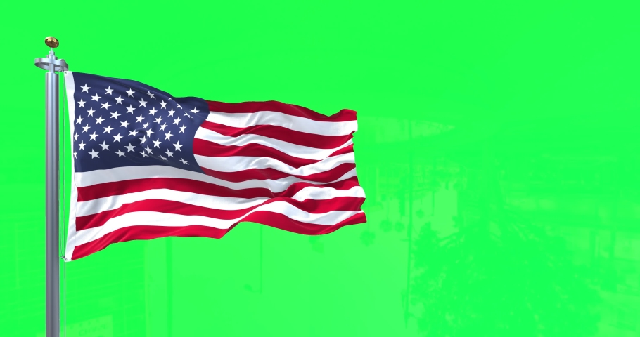 American flag waving in the wind with green screen in the background. Selective focus. Democracy, independence and election day. Patriotic symbol of American pride