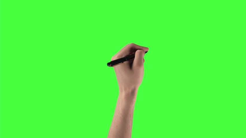 Pack of 8 man hand writes and draws with pen on green screen background with chroma key. Male gestures different signs like lines or question marks on a chroma key. Notes on touchscreen by stick. Royalty-Free Stock Footage #1079613158
