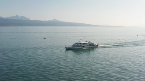 Cully , Switzerland - 08 19 2021: Passenger ship in on lake Geneva in Switzerland