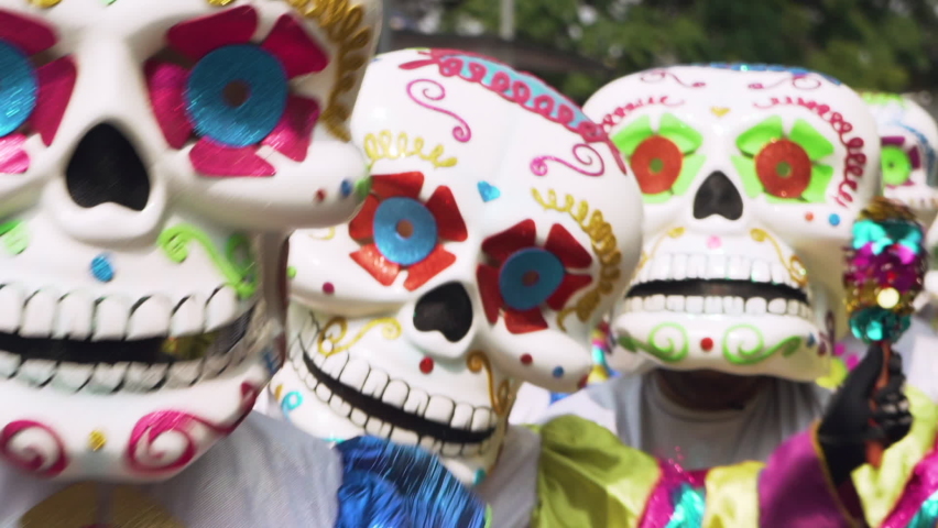 Mexico City , Mexico - 10 27 2019: Calavera skulls at the Mexico City Day of the Dead parade