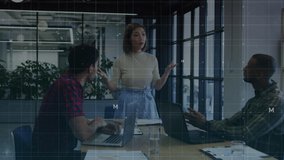 Animation of data processing over diverse business people during meeting. global networks, business, data processing and digital interface concept digitally generated video. - Powered by Shutterstock - Get 15% off with code: PIKWIZARD15