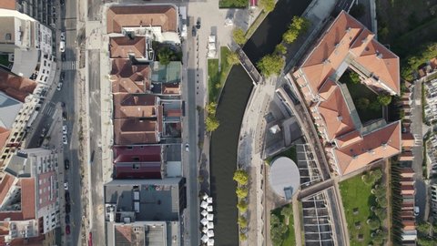 Directly above view of Ria de Aveiro canals and downtown cityscape, Portugal