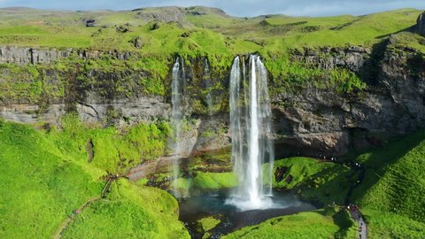 Aerial View Of Seljalandsfoss Waterfall On A Sunny Day In South Iceland.