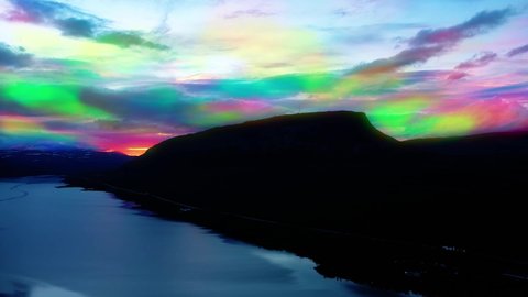 Aurora borealis behind silhouette Saana fell mountain in Lapland - 3d animation