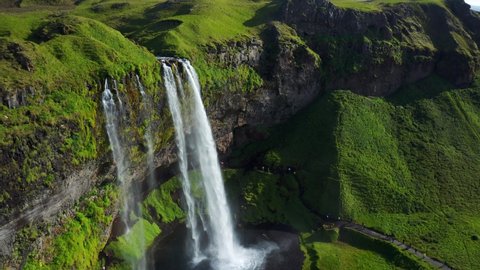 Aerial View Of Seljalandsfoss Waterfall With Green Nature, Popular Tourist Attraction In Iceland.