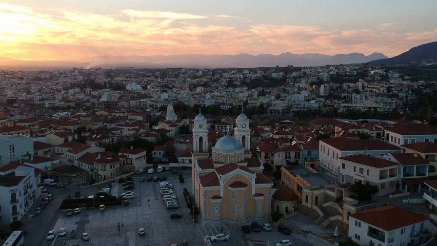 Aerial view around the Metropolitan church of Ypapanti and the castle hill of Kalamata, at the old historical center area located in Kalamata city, Messenia, Greece