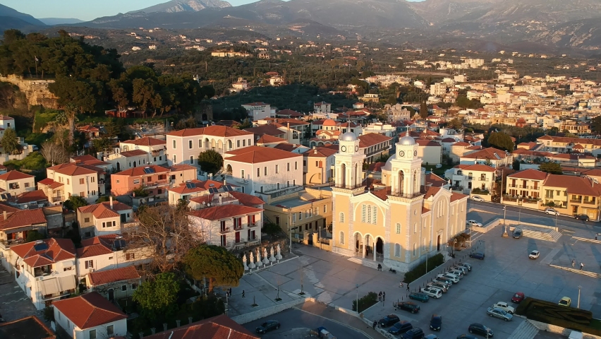 Aerial view around the Metropolitan church of Ypapanti and the castle hill of Kalamata, at the old historical center area located in Kalamata city, Messenia, Greece