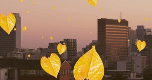 Animation of orange autumn leaves falling over cityscape. seasons, autumn, fall, colour and nature concept digitally generated video.