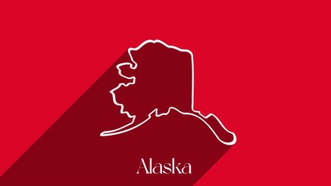 Animated line map showing the state of Alaska from the United State of America. USA. Alaska state lettering isolated on red background with shadow